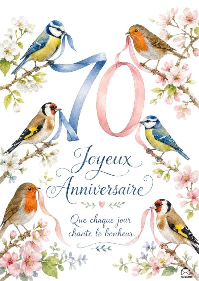 Six oiseaux tiennent des rubans bleus et roses formant le nombre 70. « Joyeux Anniversaire » et « Que chaque jour chante le bonheur » sont inscrits.