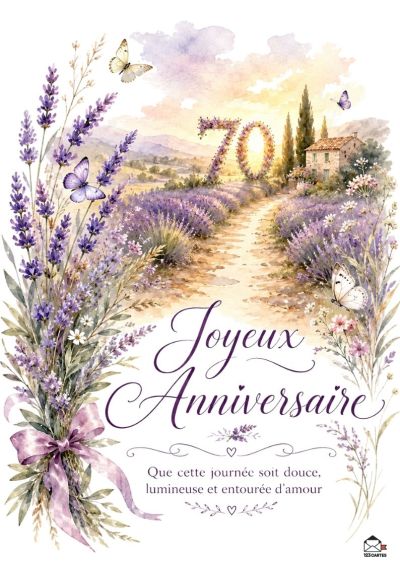 Une scène impressionniste et douce avec le chiffre 70 formé de fleurs, des champs de lavande, des papillons, un chemin, et une maison à flanc de colline.Joyeux Anniversaire 70.Que cette journée soit douce, lumineuse et entourée d'amour.