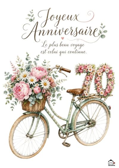 Vélo bleu pâle orné de pivoines roses, marguerites, eucalyptus. Au dos, le chiffre 70 composé de fleurs roses. Texte « Joyeux Anniversaire. Le plus beau voyage est celui qui continue. »