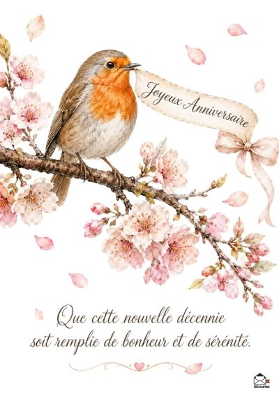 Un rouge-gorge sur une branche de cerisier en fleurs tient une banderole avec « Joyeux Anniversaire ».