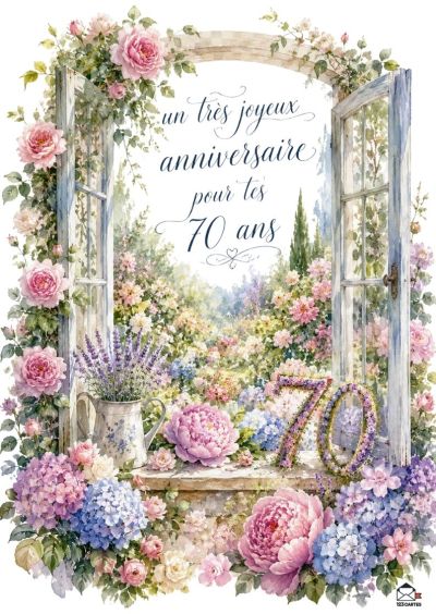 Carte d'anniversaire peinte avec une fenêtre ouverte sur un jardin fleuri, comportant la mention « un très joyeux anniversaire pour tes 70 ans ».