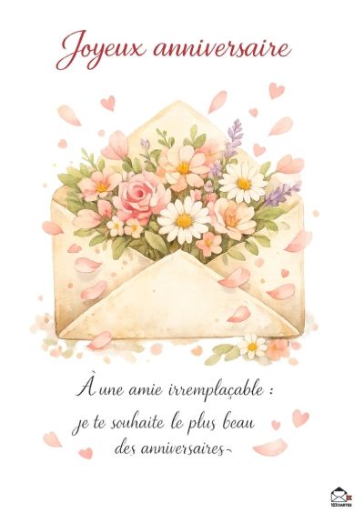 Joyeux anniversaire, ornement floral rose et blanc débordant d'une enveloppe beige, avec pétales éparpillés.