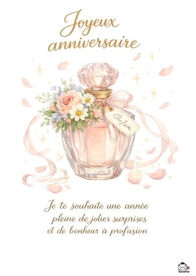 Bouteille de parfum vintage rose pâle ornée de fleurs, écriteaux « Parfum » et « Joyeux anniversaire », pétale de rose tombantes.
