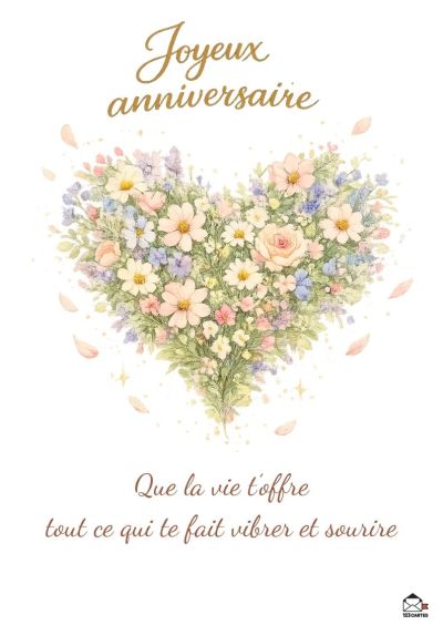 Fleurissement en forme de cœur aux teintes pastel, avec l'inscription dorée « Joyeux anniversaire ».