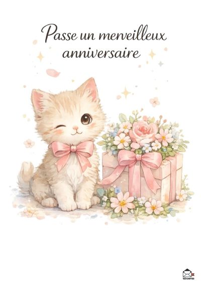 Sur un fond blanc, un petit chat blanc et beige avec un nœud rose clin d'œil à côté d'un cadeau orné de roses et de marguerites. « Passe un merveilleux anniversaire »