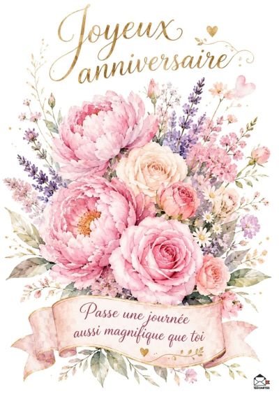 Une carte d'anniversaire avec des pivoines roses, roses pâles et lavande. La légende dit « Joyeux anniversaire » et « Passe une journée aussi magnifique que toi ».