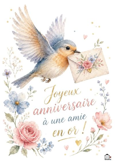 Oiseau bleu et brun tenant une enveloppe décorée de fleurs, entouré de fleurs roses et bleues, avec l'inscription « Joyeux anniversaire à une amie en or ! ».