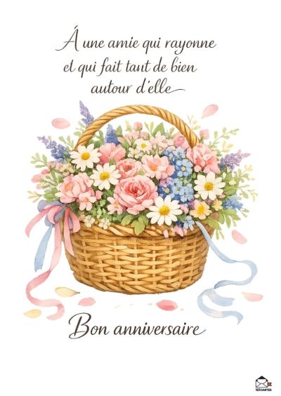 Panier en osier rempli de roses roses, marguerites blanches, lavande et fleurs bleues. Rubans rose et bleu pastel pendent. Inscriptions : « À une amie qui rayonne et qui fait tant de bien autour d'elle » et « Bon anniversaire ».