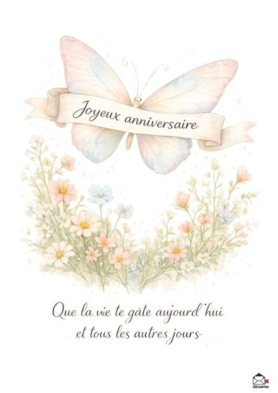 Carte d'anniversaire peinte à l'aquarelle avec un papillon pastel et un parterre de fleurs, comportant le message : « Joyeux anniversaire » et « Que la vie te gâte aujourd'hui et tous les autres jours ».
