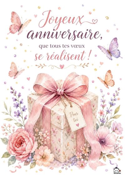Une boîte cadeau rose poudré ornée d'un ruban, entourée de fleurs et de papillons aux teintes pastel. La carte porte « Joyeux anniversaire, que tous tes vœux se réalisent ! ».