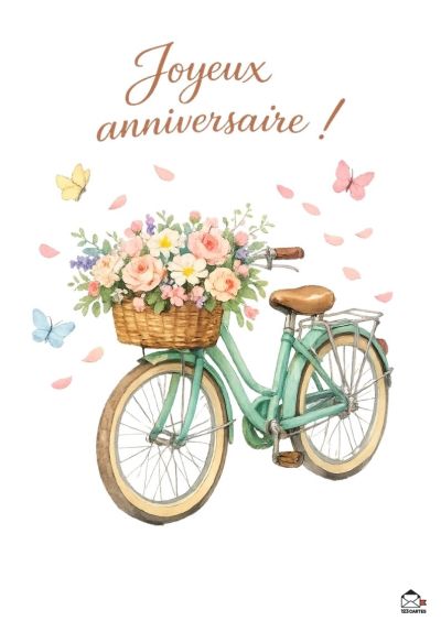 Vélo rétro vert d'eau avec panier rempli de roses et petites fleurs, entouré de papillons et pétales. « Joyeux anniversaire ! »