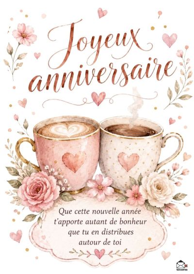 Deux tasses de café stylisées avec des cœurs et des volutes de fumée, entourées de roses et de feuilles dans un style aquarelle. Le titre « Joyeux anniversaire » est inscrit en lettres cursives.