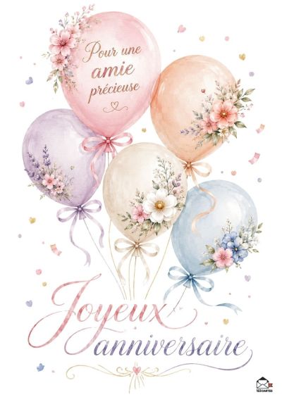 Cinq ballons aux couleurs pastel décorés de fleurs et ornés de rubans. L'un affiche « Pour une amie précieuse », le tout sur un fond blanc.
