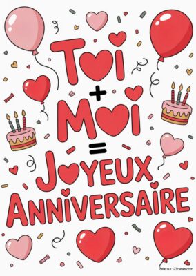 Carte d’anniversaire « Toi + Moi = Joyeux Anniversaire » sur fond blanc, avec coeurs rouges et roses, ballons et gâteaux. Carte imprimable pour souhaiter un joyeux anniversaire, style mignon.