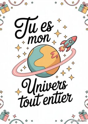 Carte d’amour « Tu es mon Univers tout entier » avec planète, fusée et étoiles sur fond blanc. Carte imprimable style mignon et coloré.