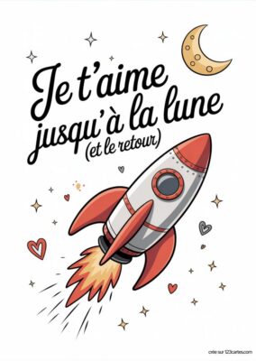 Fusée rouge et blanche sur fond blanc avec écrit « Je t’aime jusqu’à la lune (et le retour) ». Carte d’amour à imprimer avec étoiles, lune et coeurs, imprimable style dessin animé.