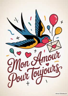 Un oiseau coloré avec une lettre et des ballons sur fond clair, avec écrit « Mon Amour Pour Toujours ». Carte d’amour à imprimer, style vintage.