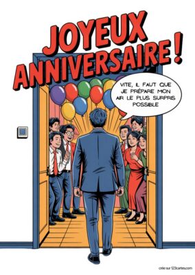 La carte représente une scène festive où un homme s'approche d'une porte ouverte, révélant des collègues souriants prêts à célébrer un anniversaire.
