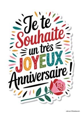 Carte de vœux d'anniversaire avec des lettres stylisées. Le message principal « Je te souhaite un très JOYEUX Anniversaire ! » est mis en valeur au centre.