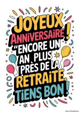 Carte de joyeux anniversaire pour un collègue, avec des ballons et des confettis autour. Le texte principal indique « JOYEUX ANNIVERSAIRE ! ».