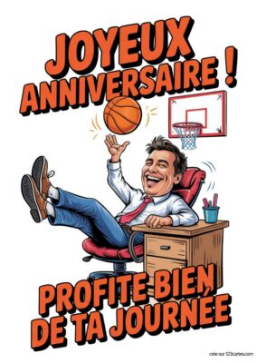 La carte de vœux affiche un homme souriant, assis dans un fauteuil de bureau, en train de profiter d'un moment de détente.