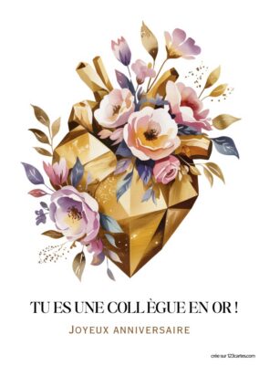 Carte d'anniversaire présentant un cœur en forme de diamant doré, entouré de fleurs délicates aux teintes douces. En bas, le message « TU ES UNE COLLÈGUE EN OR ! ».