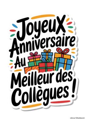 Carte de vœux pour un anniversaire comprenant plusieurs paquets-cadeaux aux designs variés. Le message au centre est écrit en grandes lettres avec des effets dynamiques.