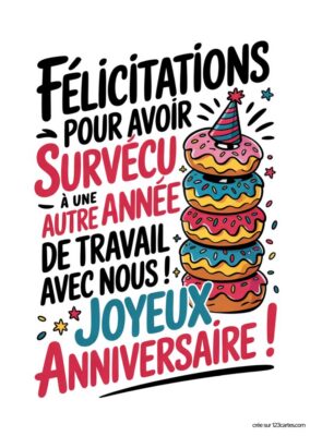 Carte de joyeux anniversaire pour un collègue, représentant une pile de beignets avec des décorations festives et un chapeau pointu.