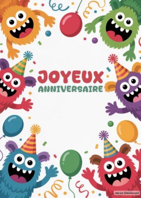 Image colorée d'animaux de dessins animés festifs avec des chapeaux, entourant le texte Joyeux Anniversaire et des ballons.