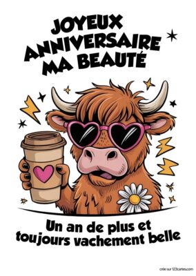Illustration humoristique d'une vache portant des lunettes de soleil, tenant une tasse, avec le texte : Joyeux anniversaire ma beauté.