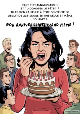 Image d'une femme avec un gâteau d'anniversaire et des bougies, entourée de plusieurs personnes qui discutent. Texte humoristique sur le vieillissement.