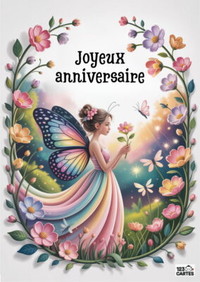 Fée aux ailes de papillon dans robe rose entourée de fleurs colorées et papillons voltigeant