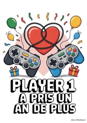Carte anniversaire gamer à imprimer pour frère. Illustration avec 2 manettes, un coeur rouge, ballons et cadeaux. Style dessin animé.