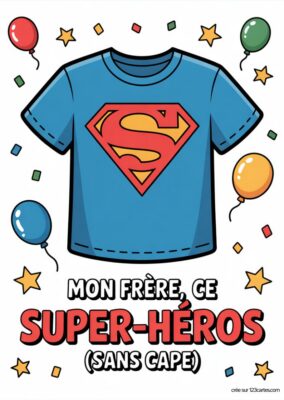 Carte «Super Frère» à imprimer. Illustration d’un t-shirt bleu avec logo Superman, ballons et étoiles.