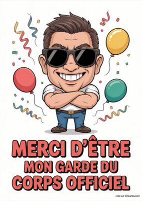 Carte anniversaire pour frère «Merci d’être mon garde du corps officiel» à imprimer. Illustration cartoon d’un homme souriant avec ballons et confettis.