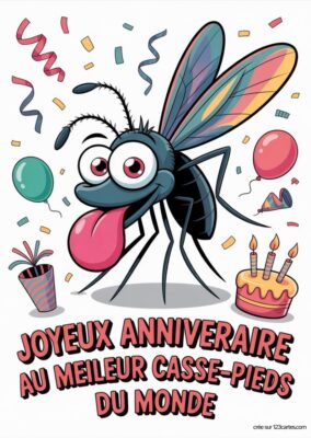 Carte anniversaire pour frère «casse-pieds» à imprimer, illustration humoristique d’un moustique entouré de ballons et confettis, style cartoon.