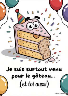 Carte anniversaire à imprimer pour frère avec gâteau animé, glaçage rose et confettis, style cartoon. Ballons colorés en arrière-plan.