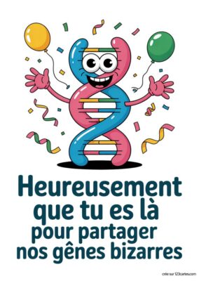 Carte de vœux pour frère à imprimer avec un brin d’ADN rose et bleu anthropomorphe, style cartoon, ballons et confettis.