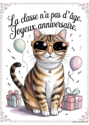 Carte anniversaire grand-mère à imprimer : chat stylisé avec lunettes étoilées, ballons, cadeaux, texte «Joyeux anniversaire». Style mignon et coloré.