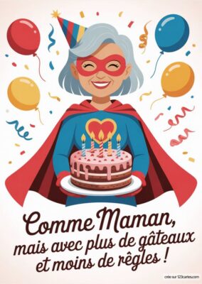 Carte anniversaire grand-mère à imprimer : illustration d’une super-héroïne souriante avec gâteau d’anniversaire, ballons et confettis, style cartoon.