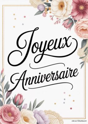 Carte anniversaire grand-mère à imprimer avec texte «Joyeux Anniversaire» et fleurs roses, blanches et violettes, fond blanc, style floral.