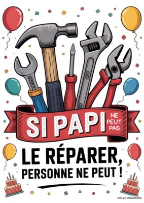 Carte anniversaire pour grand-père à imprimer, avec outils, ballons et gâteaux. Message «Si Papi ne peut pas le réparer, personne ne peut !». Style cartoon.