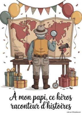 Carte anniversaire grand-père à imprimer : illustration d’un grand-père devant une carte du monde, style vintage, avec cadeaux et ballons.