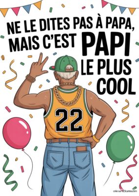 Carte anniversaire pour grand-père à imprimer : illustration d’un papi de dos, style cool, avec ballon, confettis et texte «Papi le plus cool».