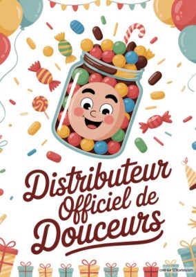Carte anniversaire grand-père à imprimer : pot de bonbons souriant, couleurs vives, confiseries et ballons, style cartoon joyeux.