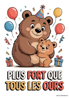 Carte anniversaire grand-père à imprimer, avec ours et ourson, ballons, confettis, cadeaux. Illustration colorée et joyeuse, style cartoon.