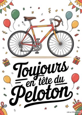 Carte anniversaire pour grand-père à imprimer avec vélo rouge et jaune, ballons, confettis et texte «Toujours en tête du peloton», style illustration.