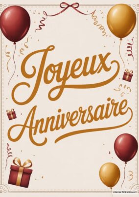 Carte Joyeux Anniversaire pour grand-père à imprimer, avec ballons, cadeaux et lettrage doré sur fond beige. Style vintage et festif.
