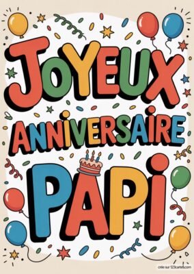 Carte Joyeux Anniversaire Papi à imprimer avec lettrage coloré, ballons, confettis et gâteau. Design rétro et festif.
