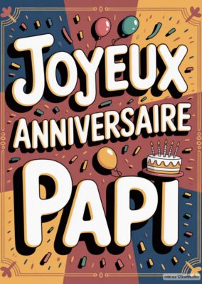 Carte anniversaire Papi à imprimer, avec texte «Joyeux Anniversaire Papi», ballons, gâteau, confettis, fond coloré, style rétro.